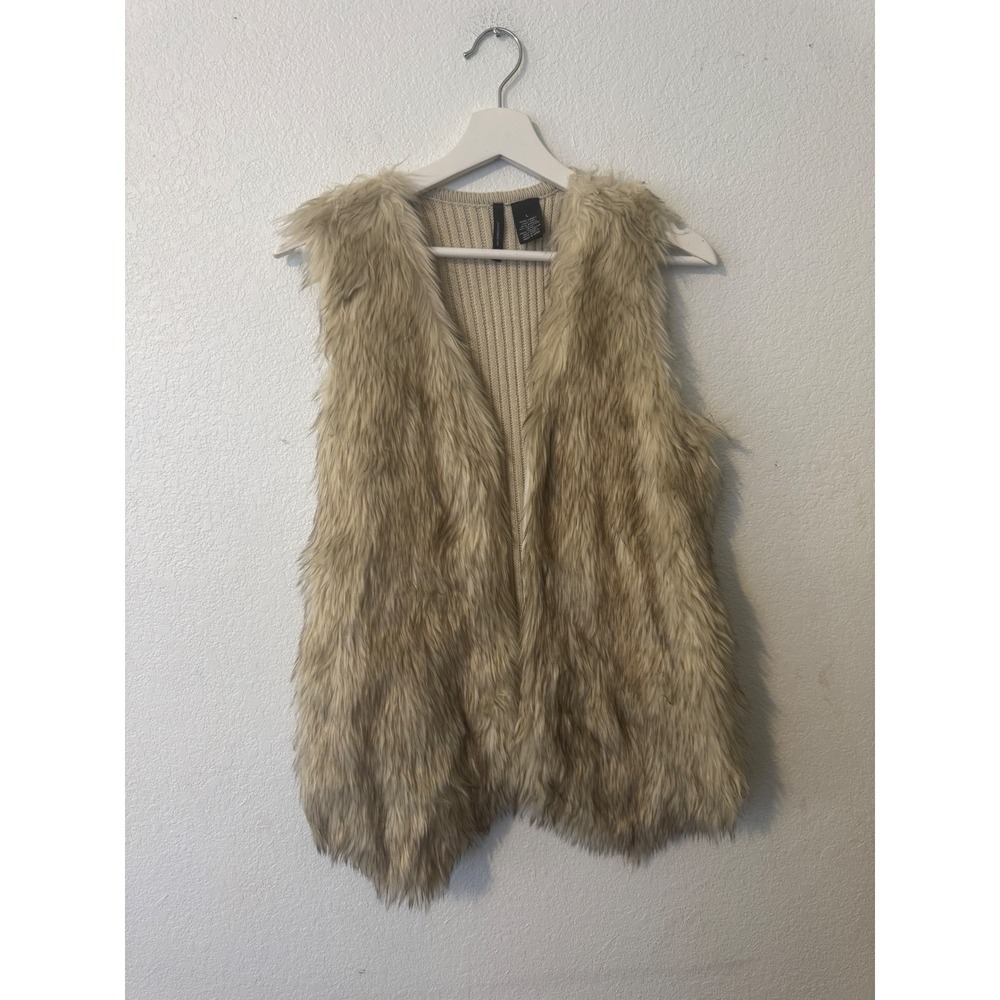 New Directions Women's Beige Knit‎ Faux Fur Trim Open Front Vest Large - Picture 2 of 9